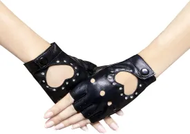 1 Pair of PU Leather Half Finger Dance Gloves Heart Cutout Punk Fingerless Gloves for Halloween Costume Dress Up