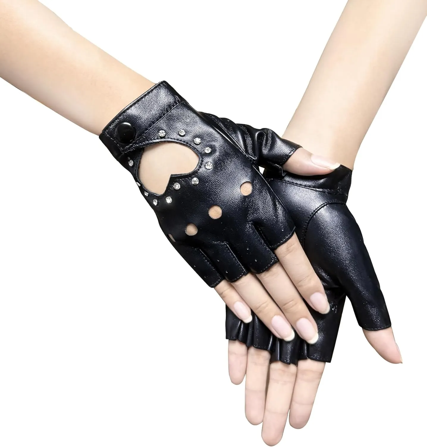 1 Pair of PU Leather Half Finger Dance Gloves Heart Cutout Punk Fingerless Gloves for Halloween Costume Dress Up