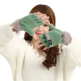 2 in 1 Winter Warm Stretchy Knitted Half Finger Full-Finger Gloves Mittens Hand Warmer for Women Teen Girls Boys, Great Christmas New Year Birthday Gift Green