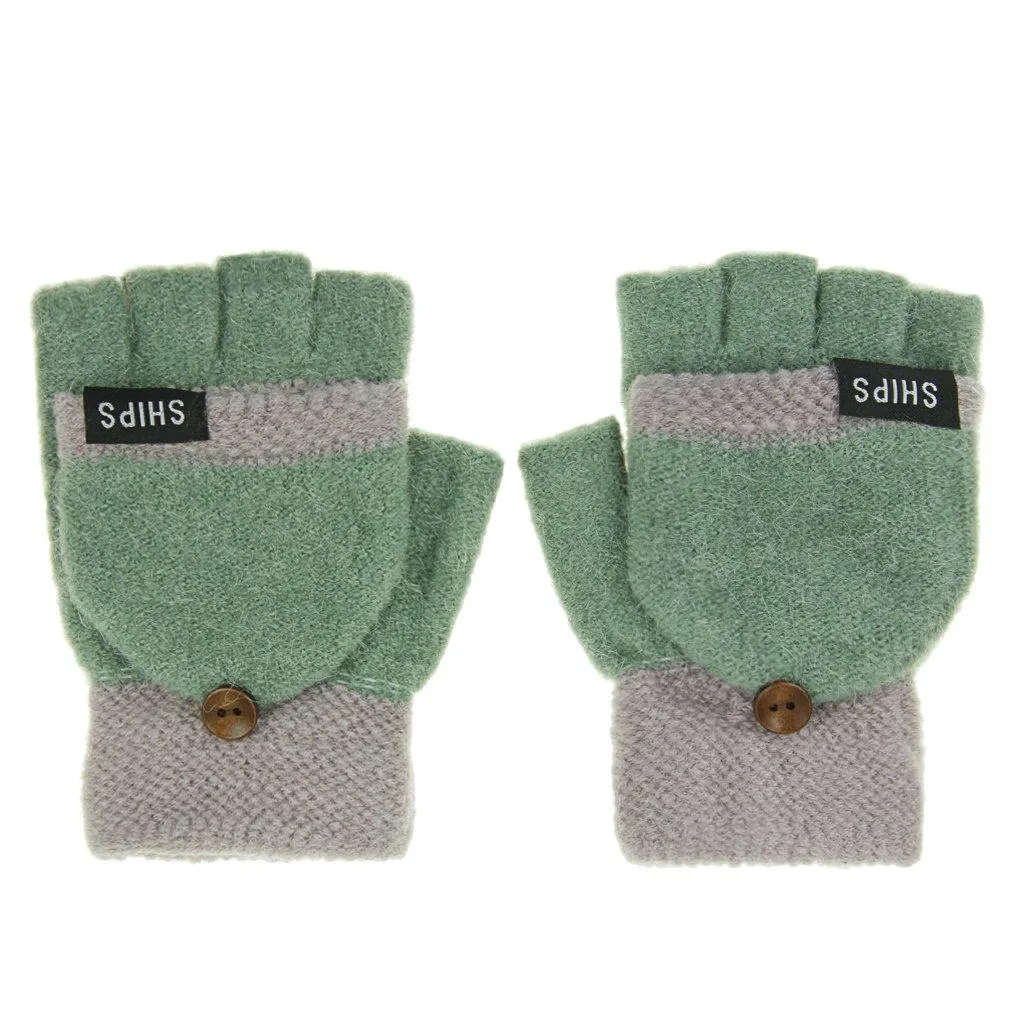2 in 1 Winter Warm Stretchy Knitted Half Finger Full-Finger Gloves Mittens Hand Warmer for Women Teen Girls Boys, Great Christmas New Year Birthday Gift Green
