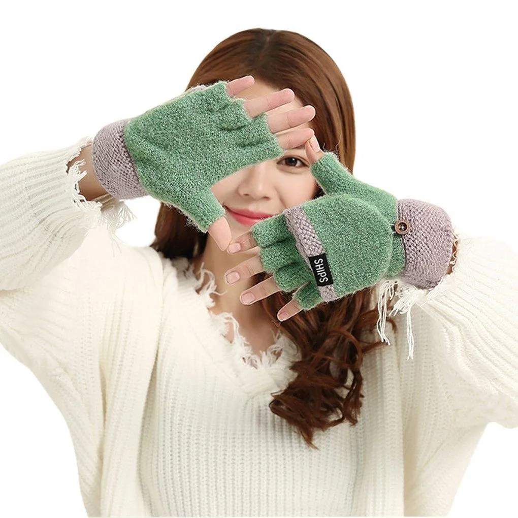 2 in 1 Winter Warm Stretchy Knitted Half Finger Full-Finger Gloves Mittens Hand Warmer for Women Teen Girls Boys, Great Christmas New Year Birthday Gift Green