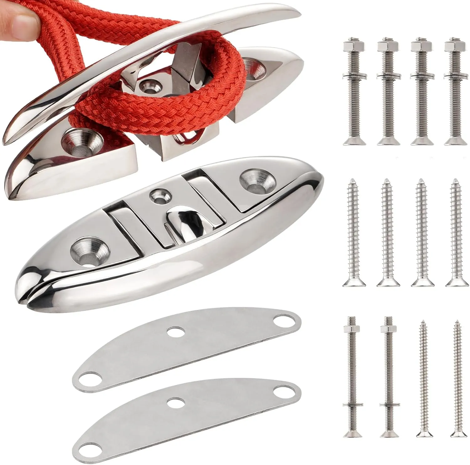 5 inch/6 inch Boat Folding Cleats, 316 Stainless Steel Flip-up Marine Dock Rope Cleats with Backing Plates and Screws, Compatible with Kayak Yacht Pontoon Boat
