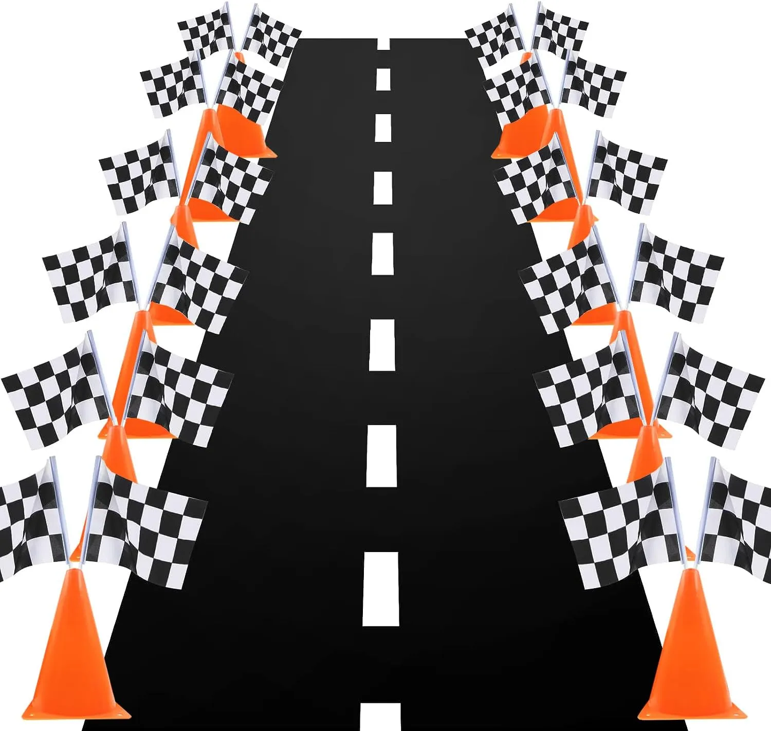 7inch Orange Racing Traffic Cones With Holes on Top,Checkered Flags,Racetrack Floor Runner,Race Car Birthday Party Decorations,Table Centerpiece Supplies 38PCS Set