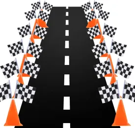 7inch Orange Racing Traffic Cones With Holes on Top,Checkered Flags,Racetrack Floor Runner,Race Car Birthday Party Decorations,Table Centerpiece Supplies 38PCS Set