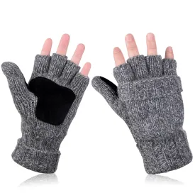 Adults Wool Knitting Winter Gloves Fingerless Convertible Wool Men Women Mittens Lightweight