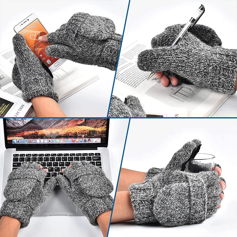 Adults Wool Knitting Winter Gloves Fingerless Convertible Wool Men Women Mittens Lightweight