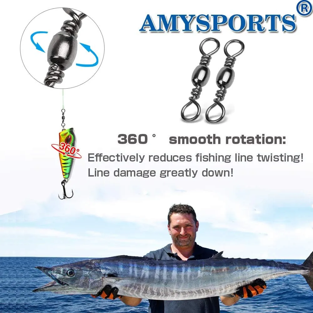 AMYSPORTS High Strength Fishing Swivels Barrel Solid Ring Barrel Fishing Swivel Rolling Fishing Tackle Line Connector Saltwater Freshwater Stainless Steel Accessories