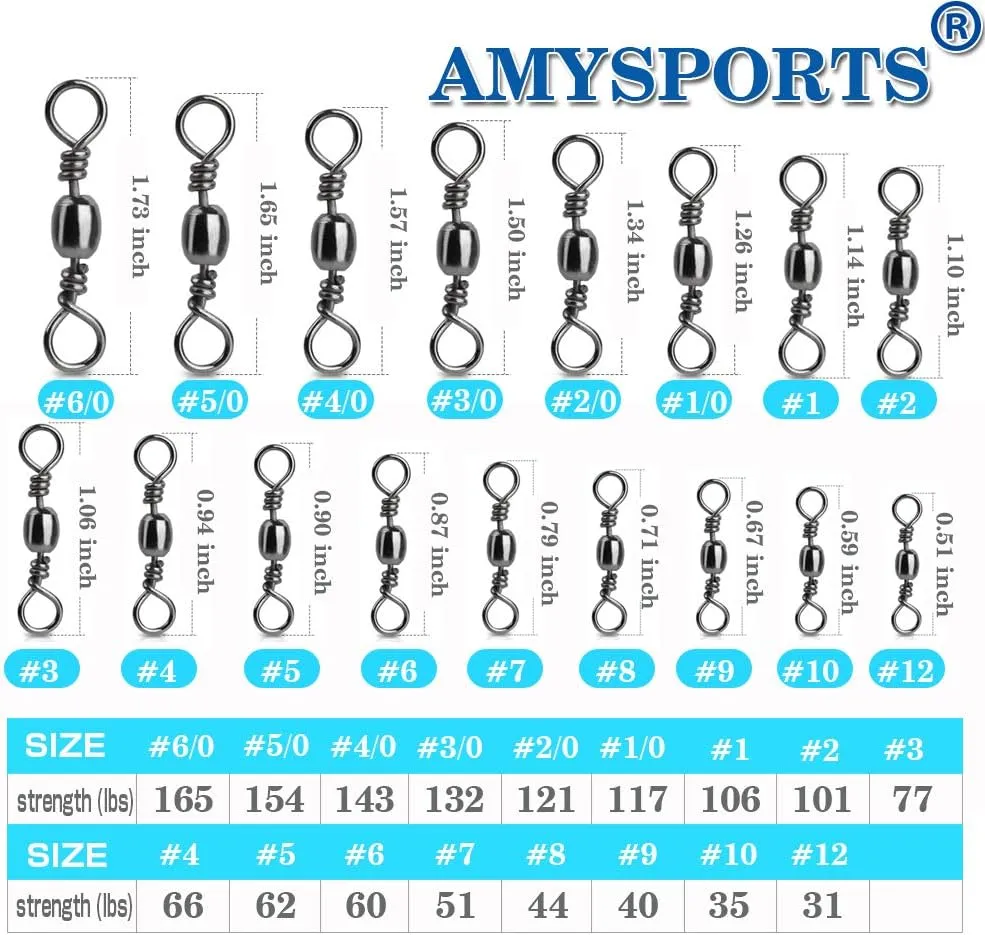 AMYSPORTS High Strength Fishing Swivels Barrel Solid Ring Barrel Fishing Swivel Rolling Fishing Tackle Line Connector Saltwater Freshwater Stainless Steel Accessories