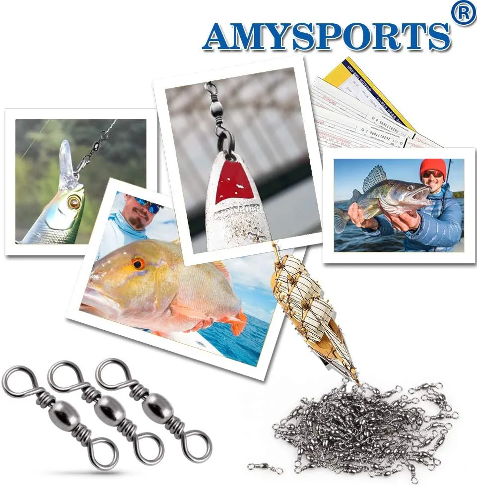 AMYSPORTS High Strength Fishing Swivels Barrel Solid Ring Barrel Fishing Swivel Rolling Fishing Tackle Line Connector Saltwater Freshwater Stainless Steel Accessories