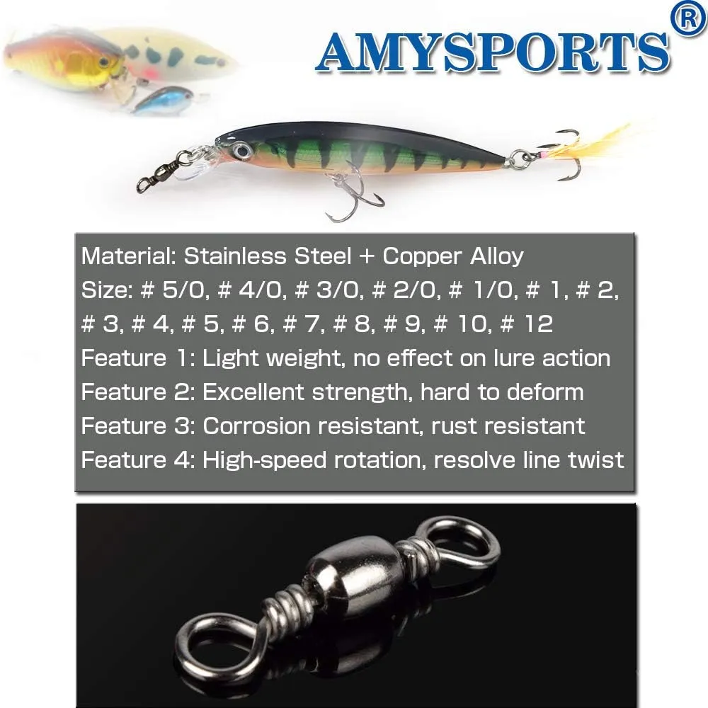 AMYSPORTS High Strength Fishing Swivels Barrel Solid Ring Barrel Fishing Swivel Rolling Fishing Tackle Line Connector Saltwater Freshwater Stainless Steel Accessories