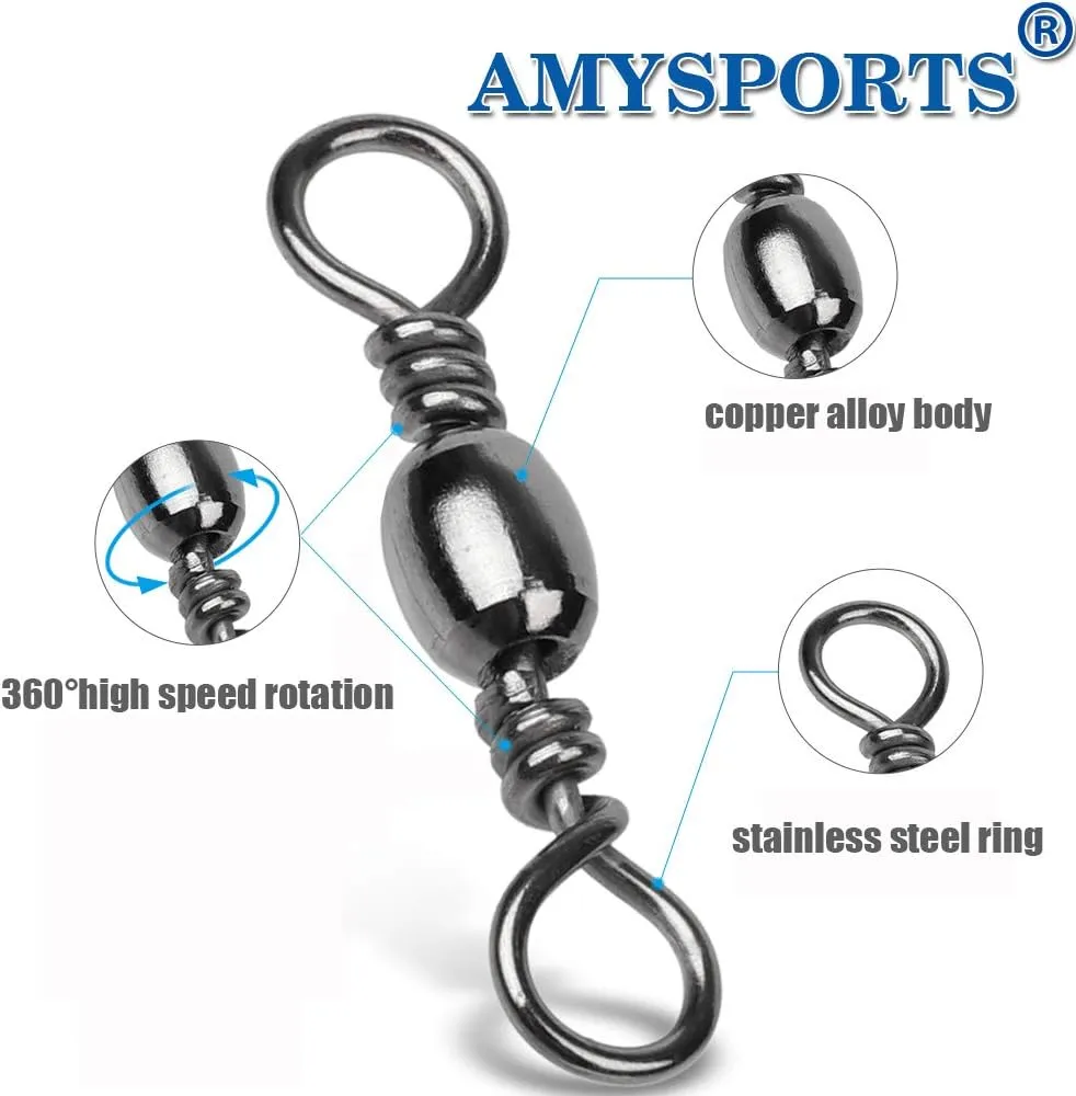AMYSPORTS High Strength Fishing Swivels Barrel Solid Ring Barrel Fishing Swivel Rolling Fishing Tackle Line Connector Saltwater Freshwater Stainless Steel Accessories
