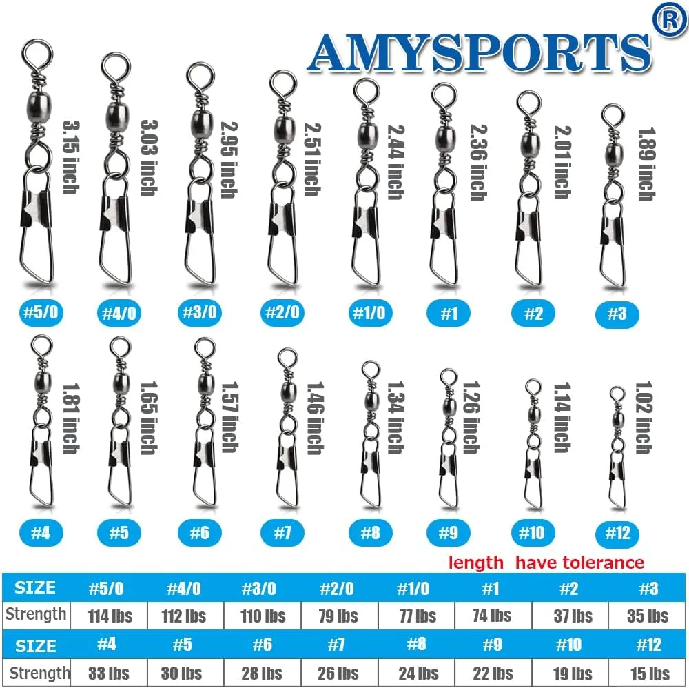 AMYSPORTS Stainless Steel Snap Swivel Saltwater High Strength Snaps Fishing Barrel Line Connector Fishing Swivels Barrel Safety Snap Fishing Tackle Stainless Steel Accessories