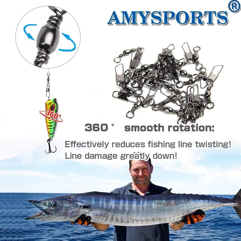 AMYSPORTS Stainless Steel Snap Swivel Saltwater High Strength Snaps Fishing Barrel Line Connector Fishing Swivels Barrel Safety Snap Fishing Tackle Stainless Steel Accessories