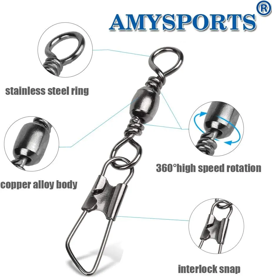 AMYSPORTS Stainless Steel Snap Swivel Saltwater High Strength Snaps Fishing Barrel Line Connector Fishing Swivels Barrel Safety Snap Fishing Tackle Stainless Steel Accessories