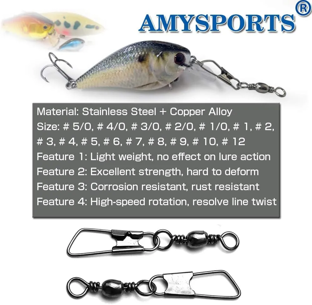AMYSPORTS Stainless Steel Snap Swivel Saltwater High Strength Snaps Fishing Barrel Line Connector Fishing Swivels Barrel Safety Snap Fishing Tackle Stainless Steel Accessories