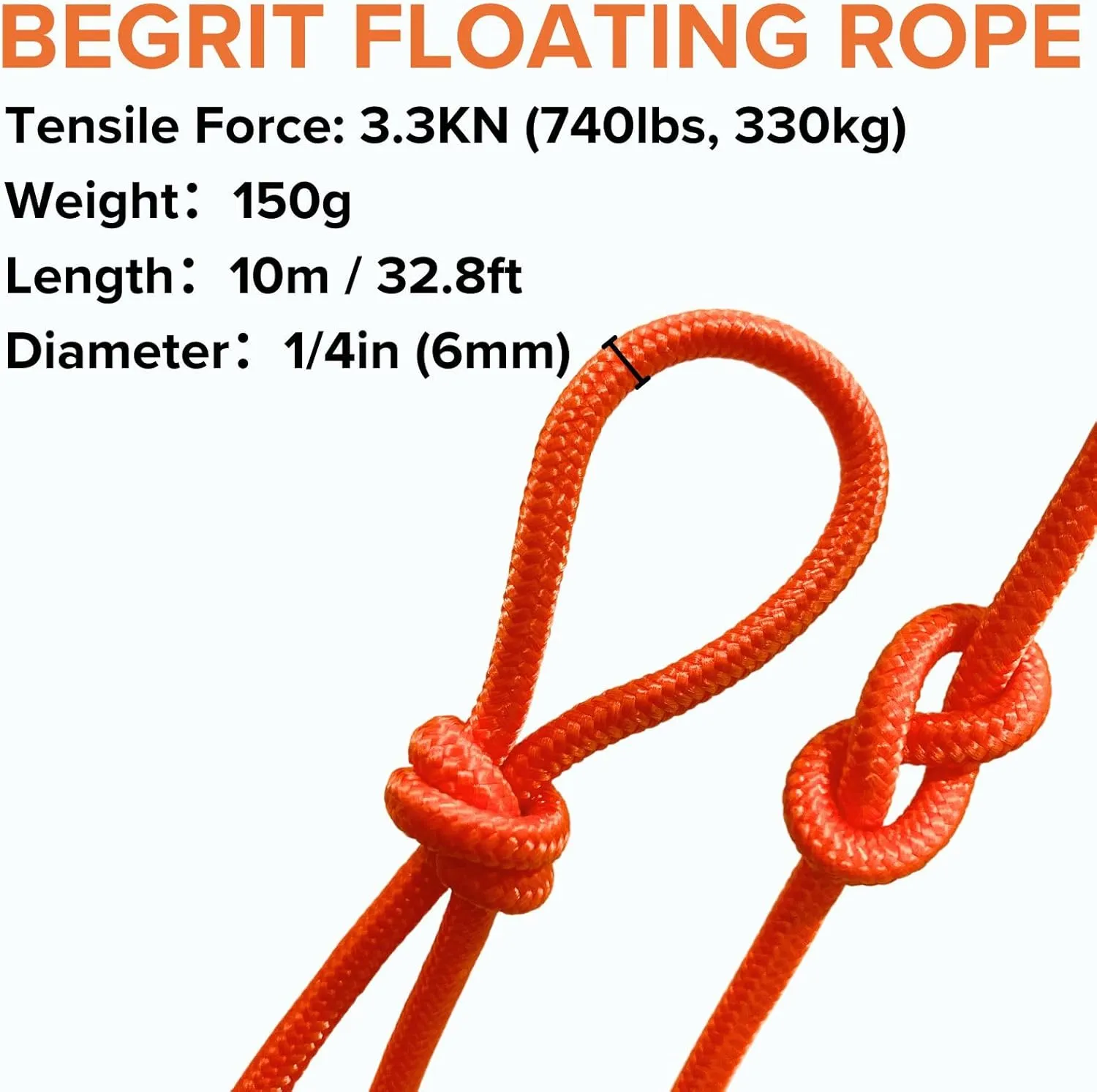 BeGrit Floating Rope 1/4" X 32.8' Polypropylene Rope Anchor Rope Mooring Rope Kayak Canoe Tow Throw Line with Hook for Boat Camping Hiking Awning Tent 6mm x 10m
