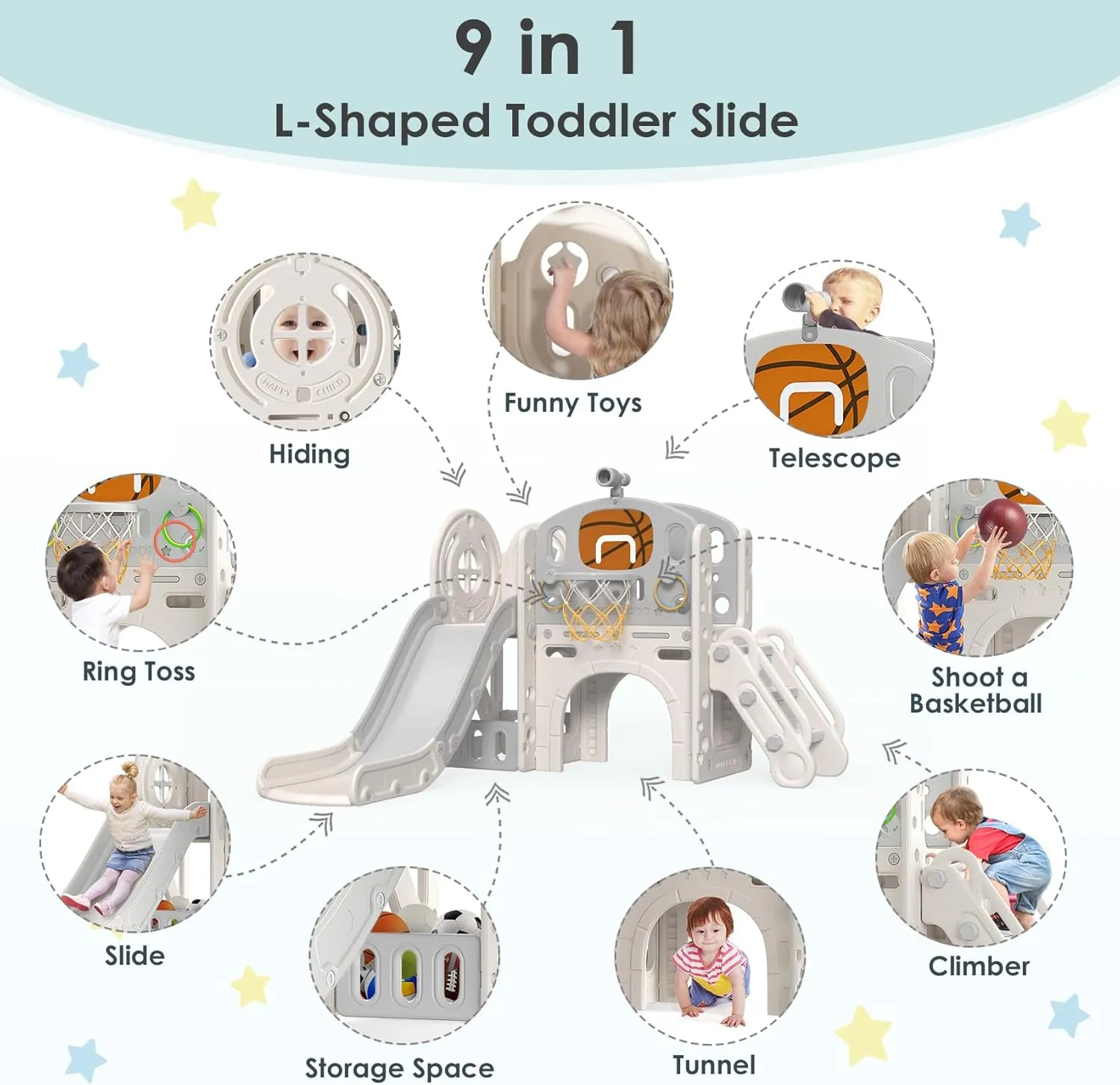 BIERUM 9 in 1 Toddler Slide, Kid Slide for Toddlers Age 1-3 with Ring Toss, Basketball Hoop, and Telescope, Indoor Outdoor Playset Playground Beige Gray