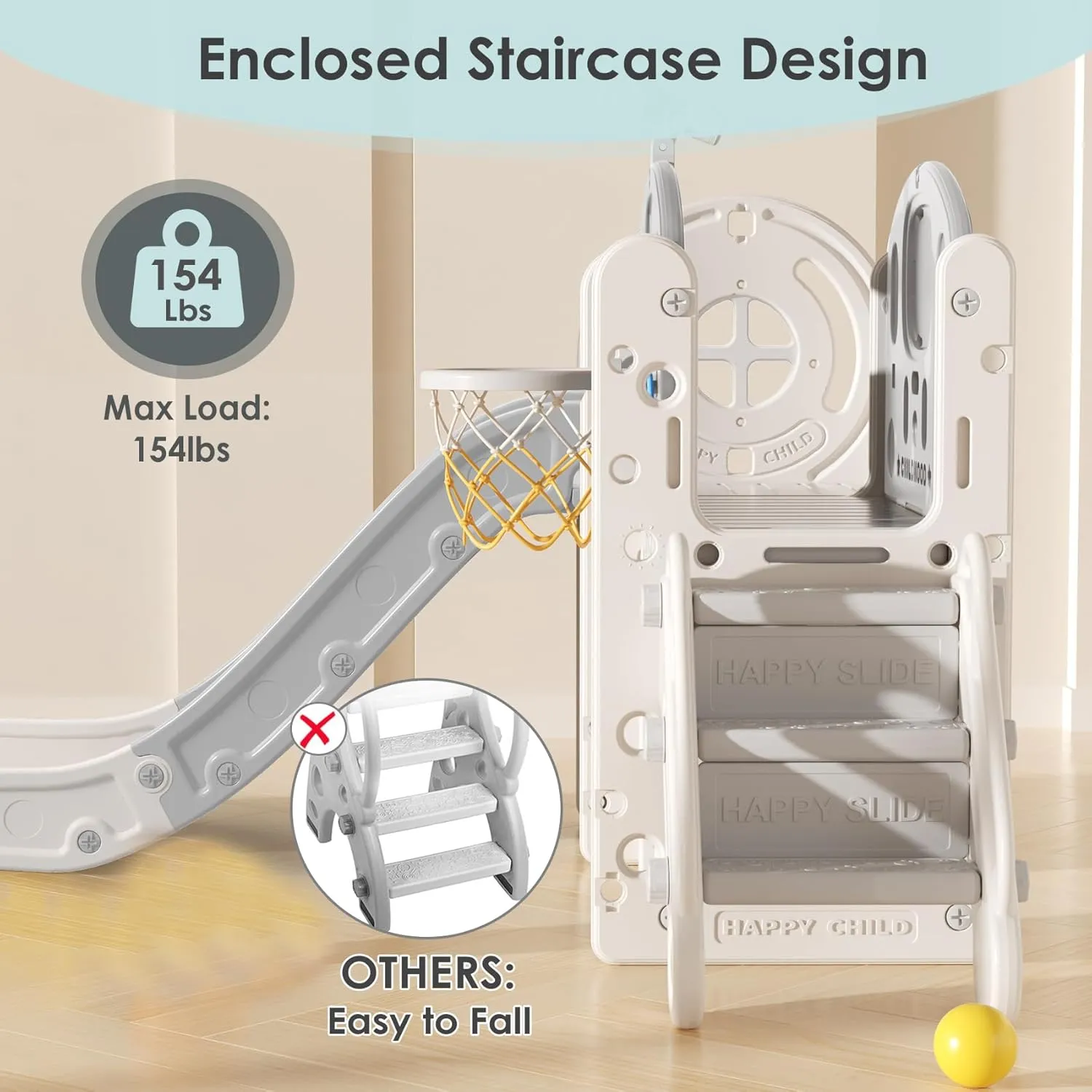 BIERUM 9 in 1 Toddler Slide, Kid Slide for Toddlers Age 1-3 with Ring Toss, Basketball Hoop, and Telescope, Indoor Outdoor Playset Playground Beige Gray