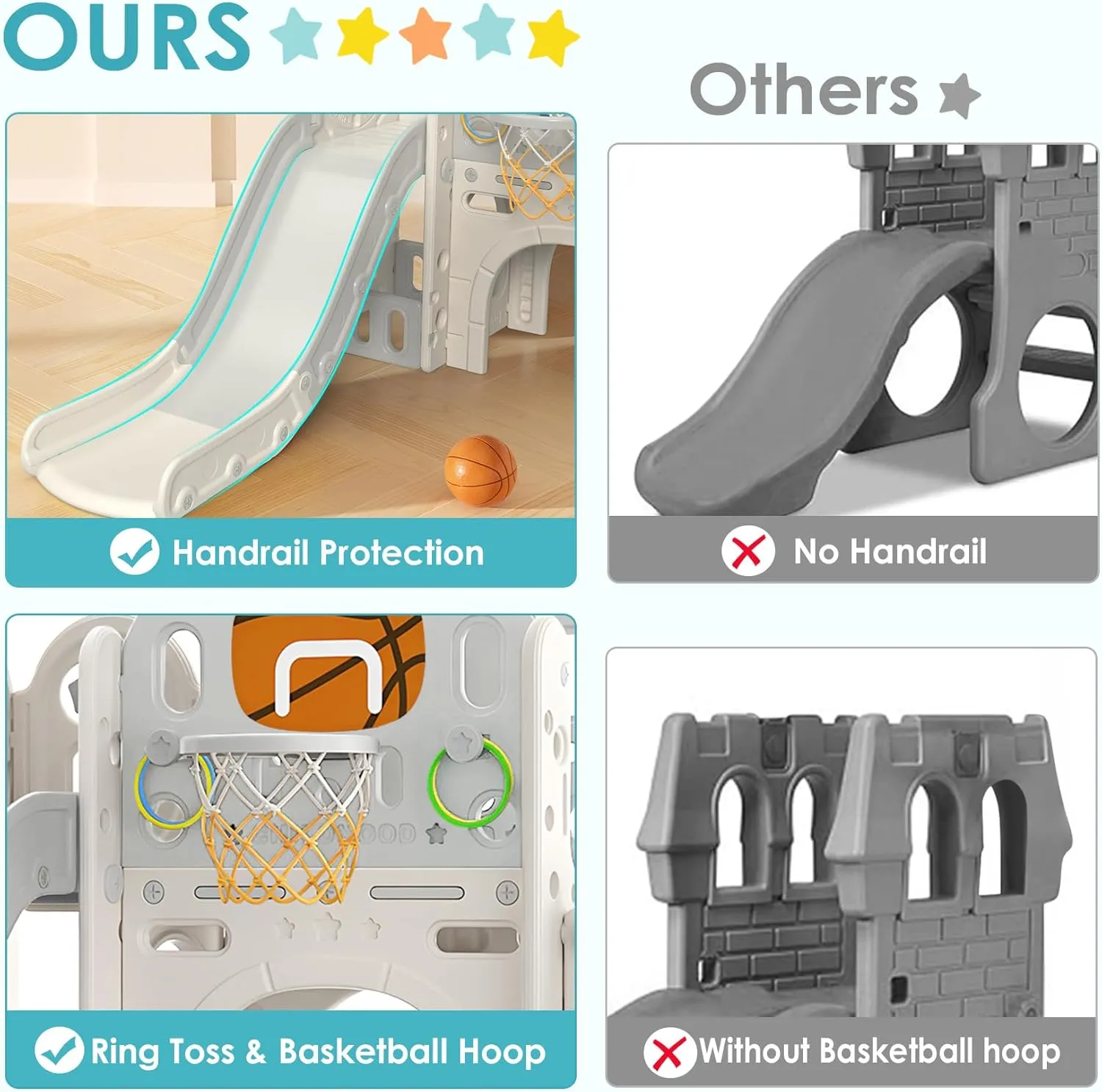 BIERUM 9 in 1 Toddler Slide, Kid Slide for Toddlers Age 1-3 with Ring Toss, Basketball Hoop, and Telescope, Indoor Outdoor Playset Playground Beige Gray
