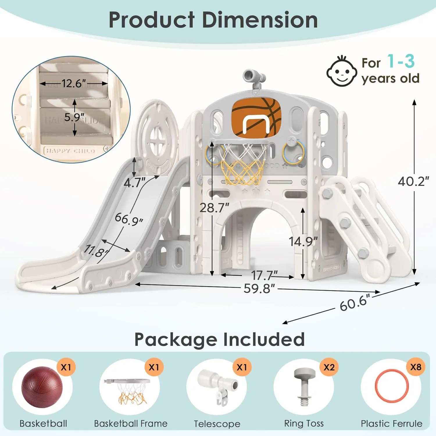 BIERUM 9 in 1 Toddler Slide, Kid Slide for Toddlers Age 1-3 with Ring Toss, Basketball Hoop, and Telescope, Indoor Outdoor Playset Playground Beige Gray