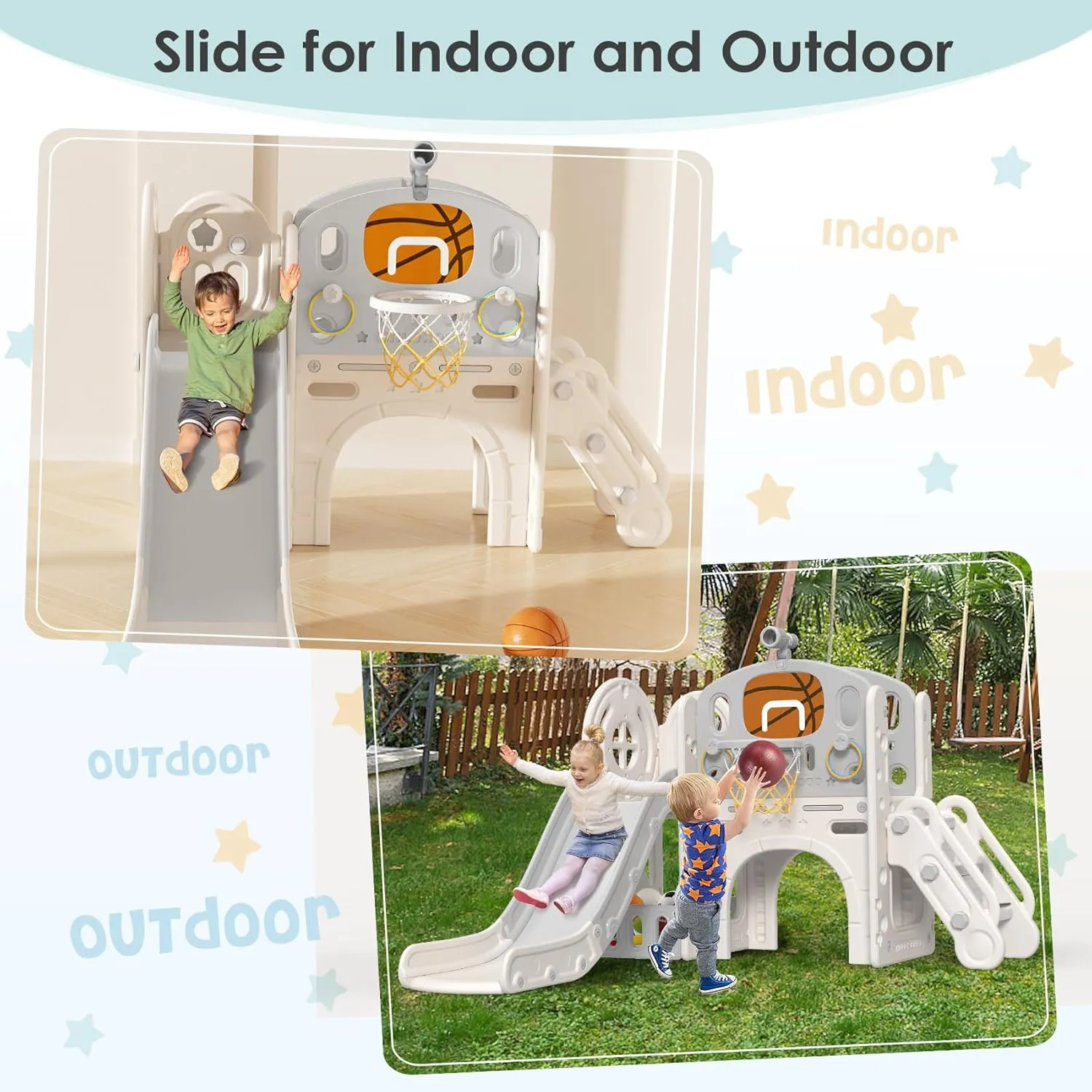 BIERUM 9 in 1 Toddler Slide, Kid Slide for Toddlers Age 1-3 with Ring Toss, Basketball Hoop, and Telescope, Indoor Outdoor Playset Playground Beige Gray