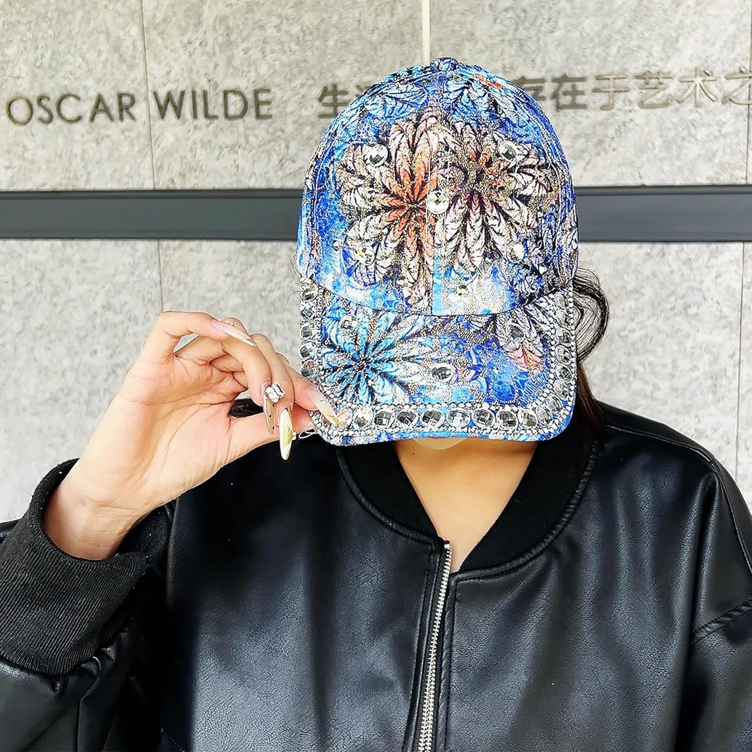 Bling Baseball Caps for Women, Rhinestone Summer Flower Baseball Hat, Adjustable Spring Fall Denim Sequin Jean Hat