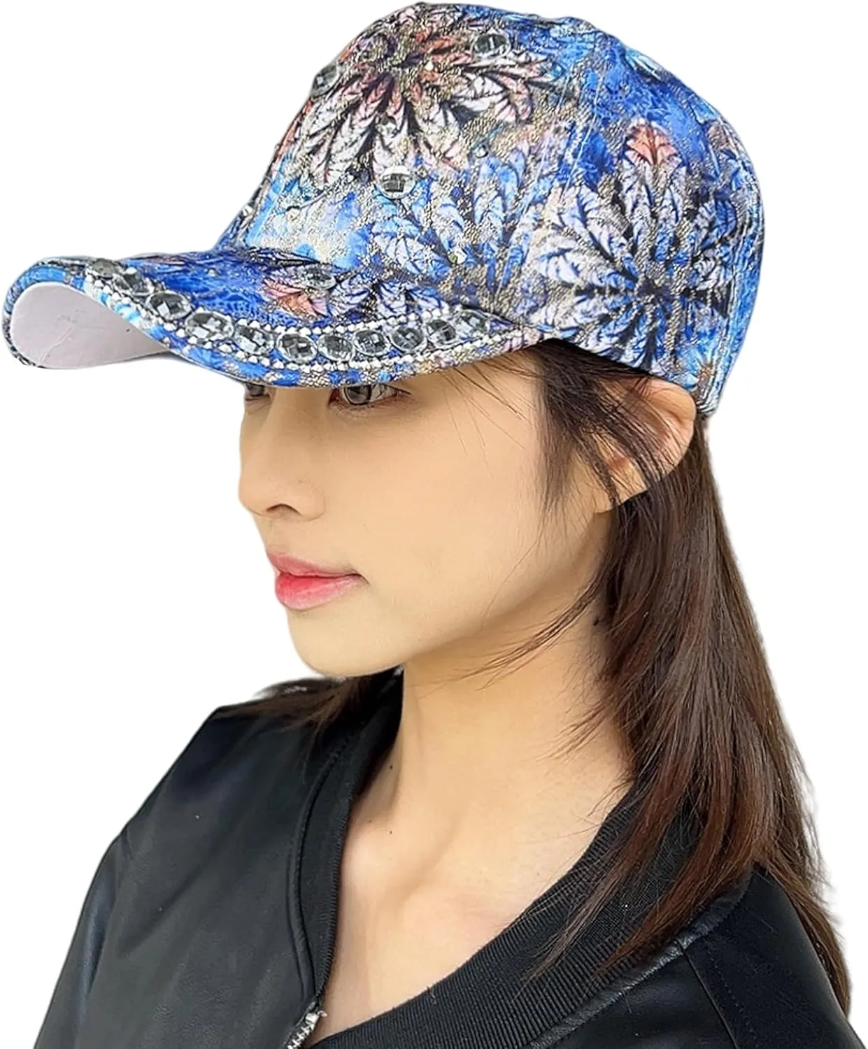 Bling Baseball Caps for Women, Rhinestone Summer Flower Baseball Hat, Adjustable Spring Fall Denim Sequin Jean Hat