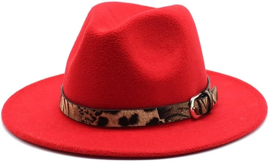 Cap Autumn and Winter New Woolen Hat Leopard Texture Hat Men and Women Flat Brim Big Brim Jazz Hat Felt Hat with Leopard Belt Fengyan Cowboy Hats (Color : Rose Red, Size : 56-58cm)