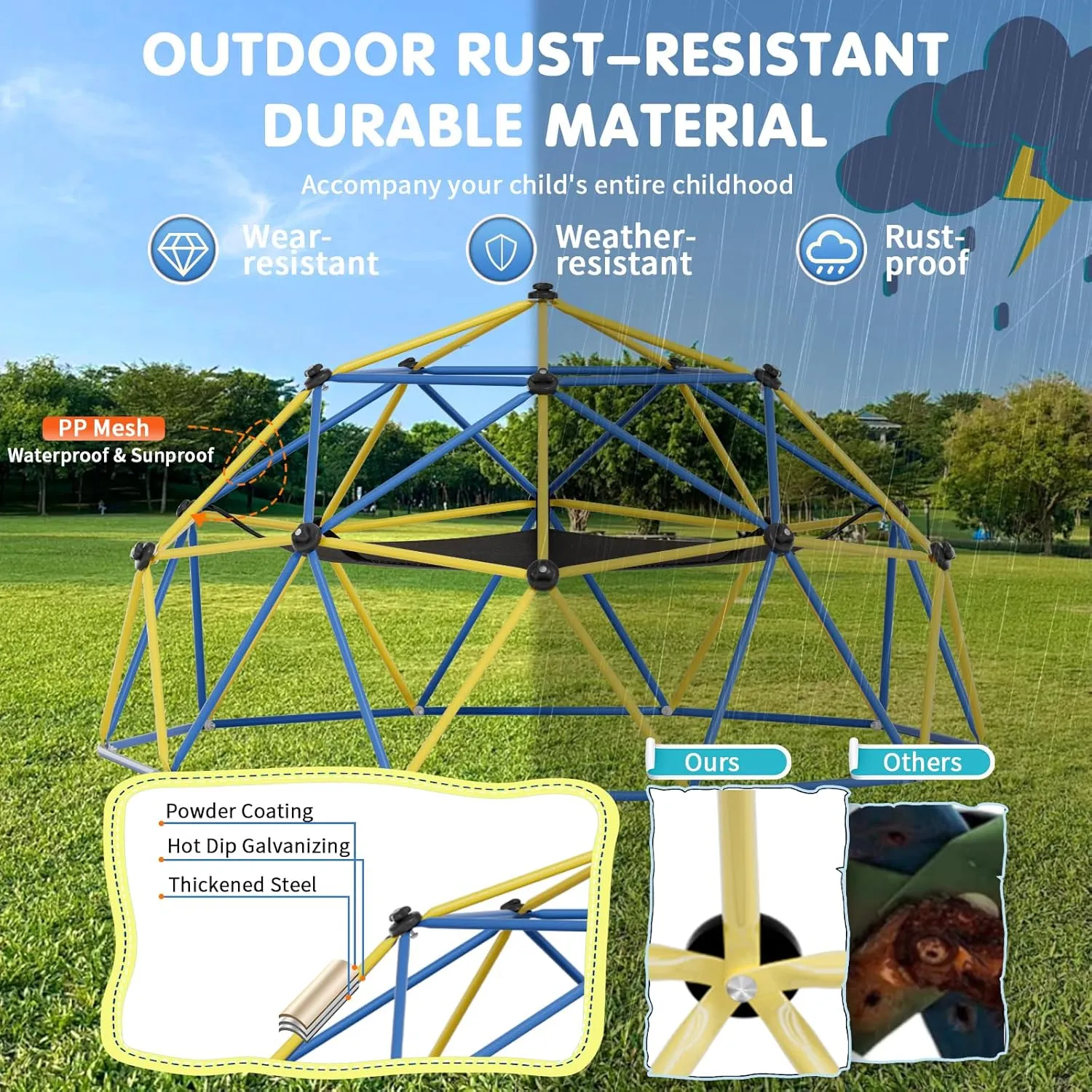 Climbing Dome,10FT Dome Climber with Hammock, Outdoor Play Equipment for 3 to 10 Children, Supports Jungle Gym up to 1,000 lbs, Rust Resistant, Easy to Assemble, Gift for Kids, Blue Yellow