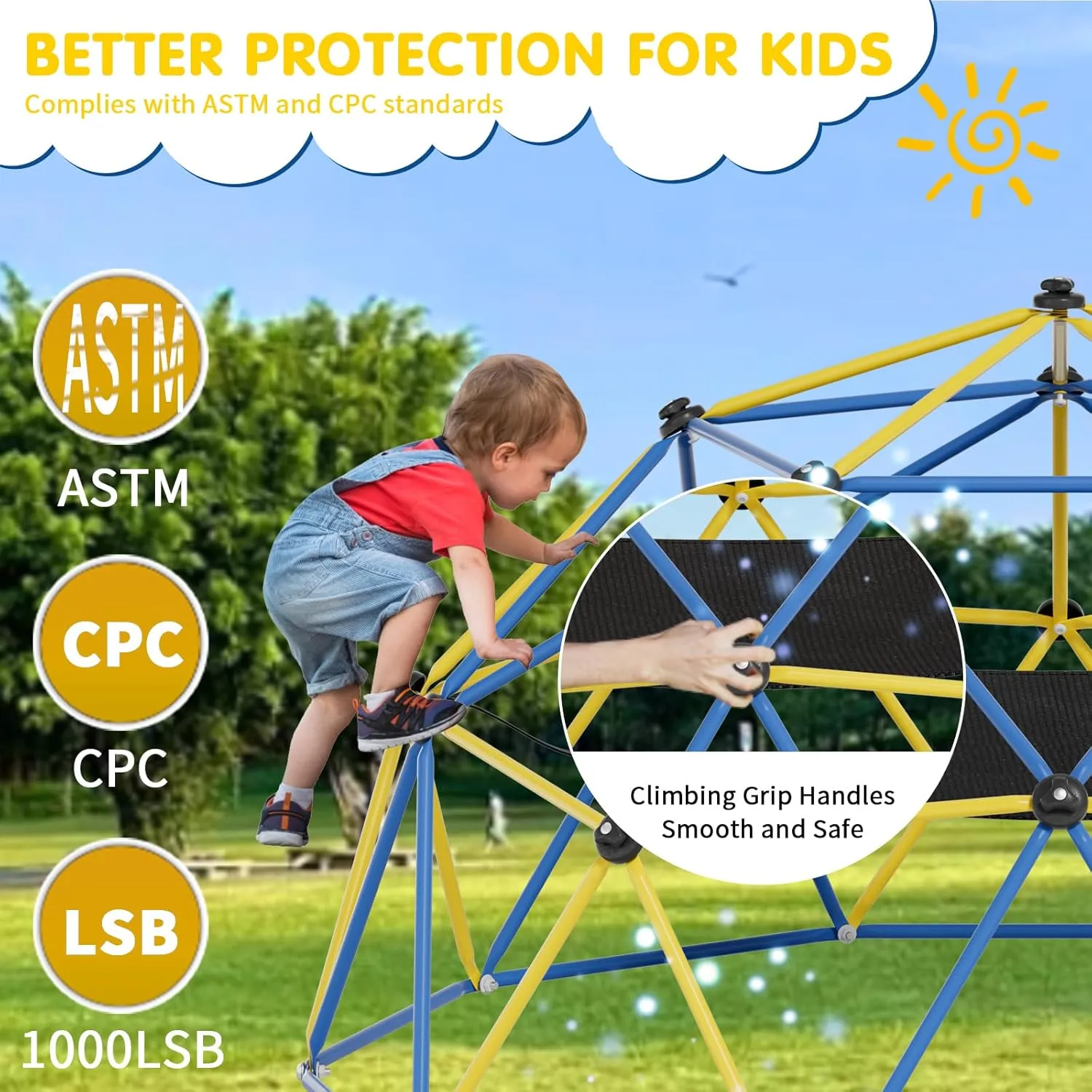 Climbing Dome,10FT Dome Climber with Hammock, Outdoor Play Equipment for 3 to 10 Children, Supports Jungle Gym up to 1,000 lbs, Rust Resistant, Easy to Assemble, Gift for Kids, Blue Yellow