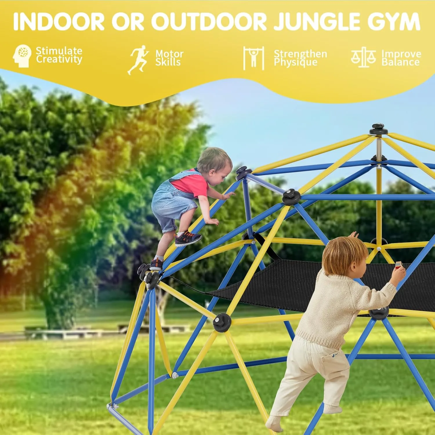 Climbing Dome,10FT Dome Climber with Hammock, Outdoor Play Equipment for 3 to 10 Children, Supports Jungle Gym up to 1,000 lbs, Rust Resistant, Easy to Assemble, Gift for Kids, Blue Yellow