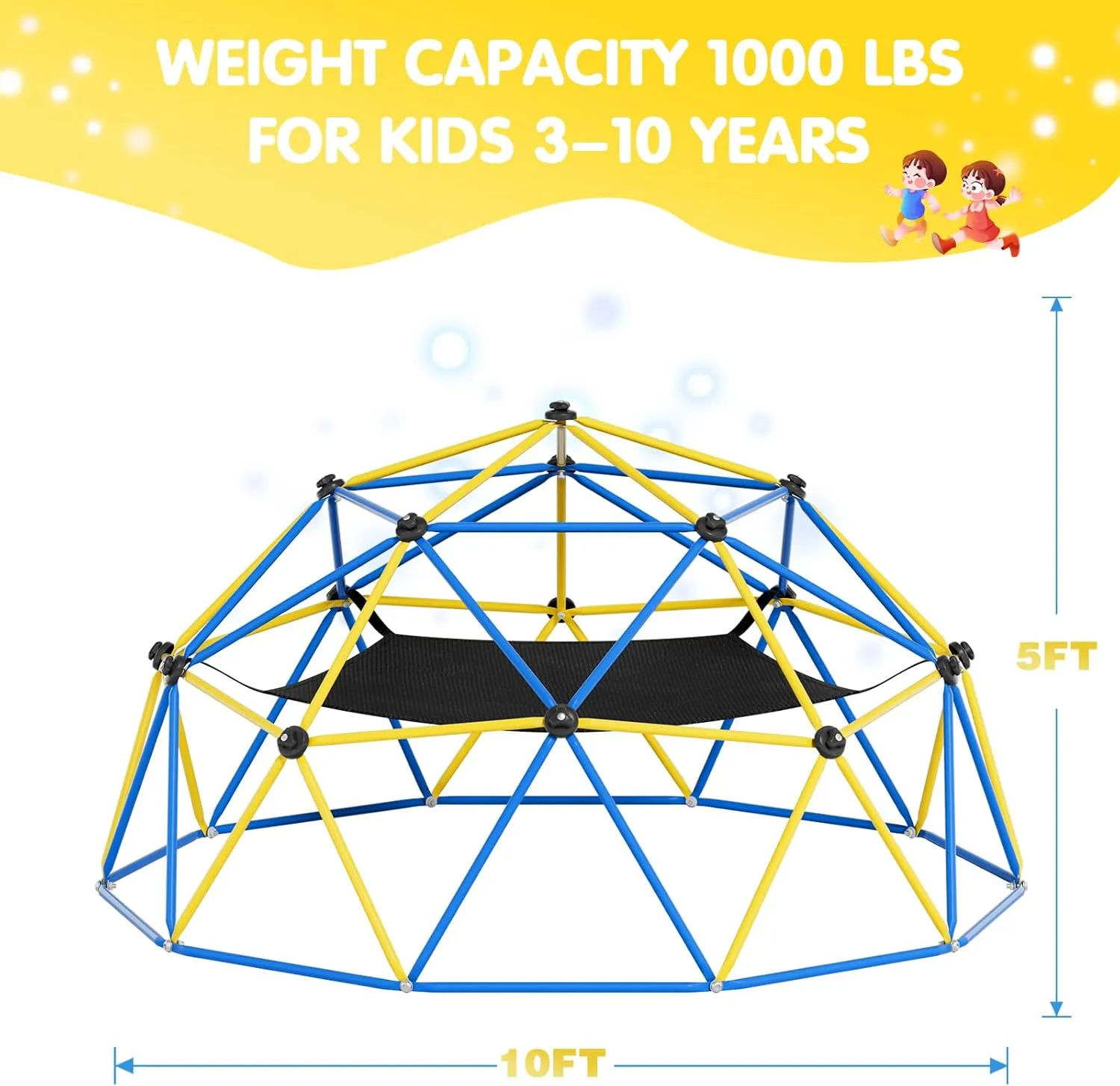 Climbing Dome,10FT Dome Climber with Hammock, Outdoor Play Equipment for 3 to 10 Children, Supports Jungle Gym up to 1,000 lbs, Rust Resistant, Easy to Assemble, Gift for Kids, Blue Yellow