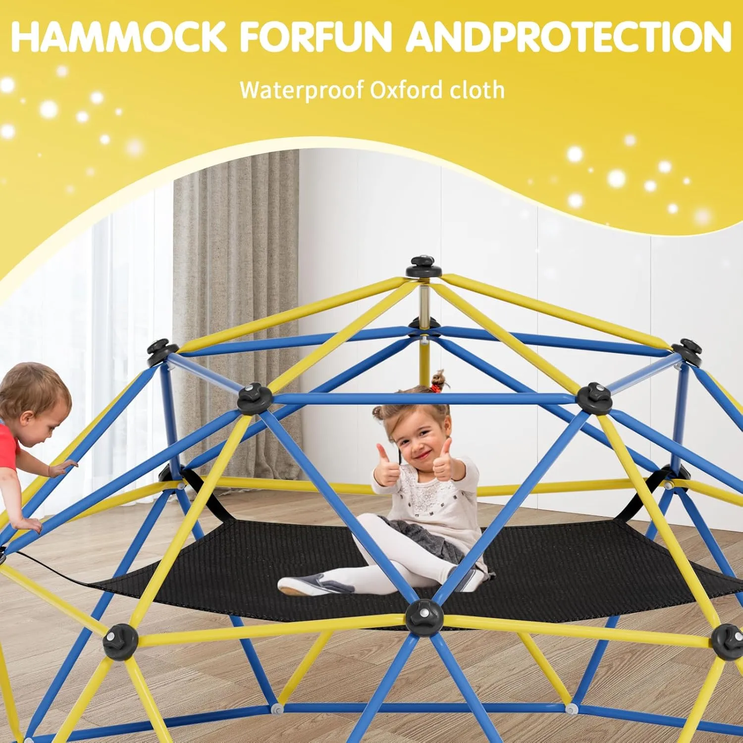 Climbing Dome,10FT Dome Climber with Hammock, Outdoor Play Equipment for 3 to 10 Children, Supports Jungle Gym up to 1,000 lbs, Rust Resistant, Easy to Assemble, Gift for Kids, Blue Yellow
