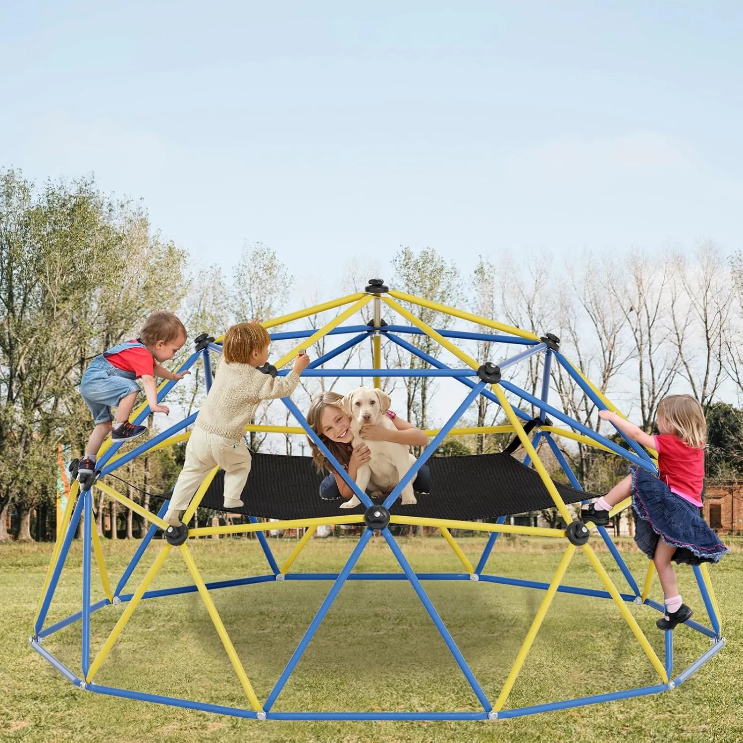 Climbing Dome,10FT Dome Climber with Hammock, Outdoor Play Equipment for 3 to 10 Children, Supports Jungle Gym up to 1,000 lbs, Rust Resistant, Easy to Assemble, Gift for Kids, Blue Yellow