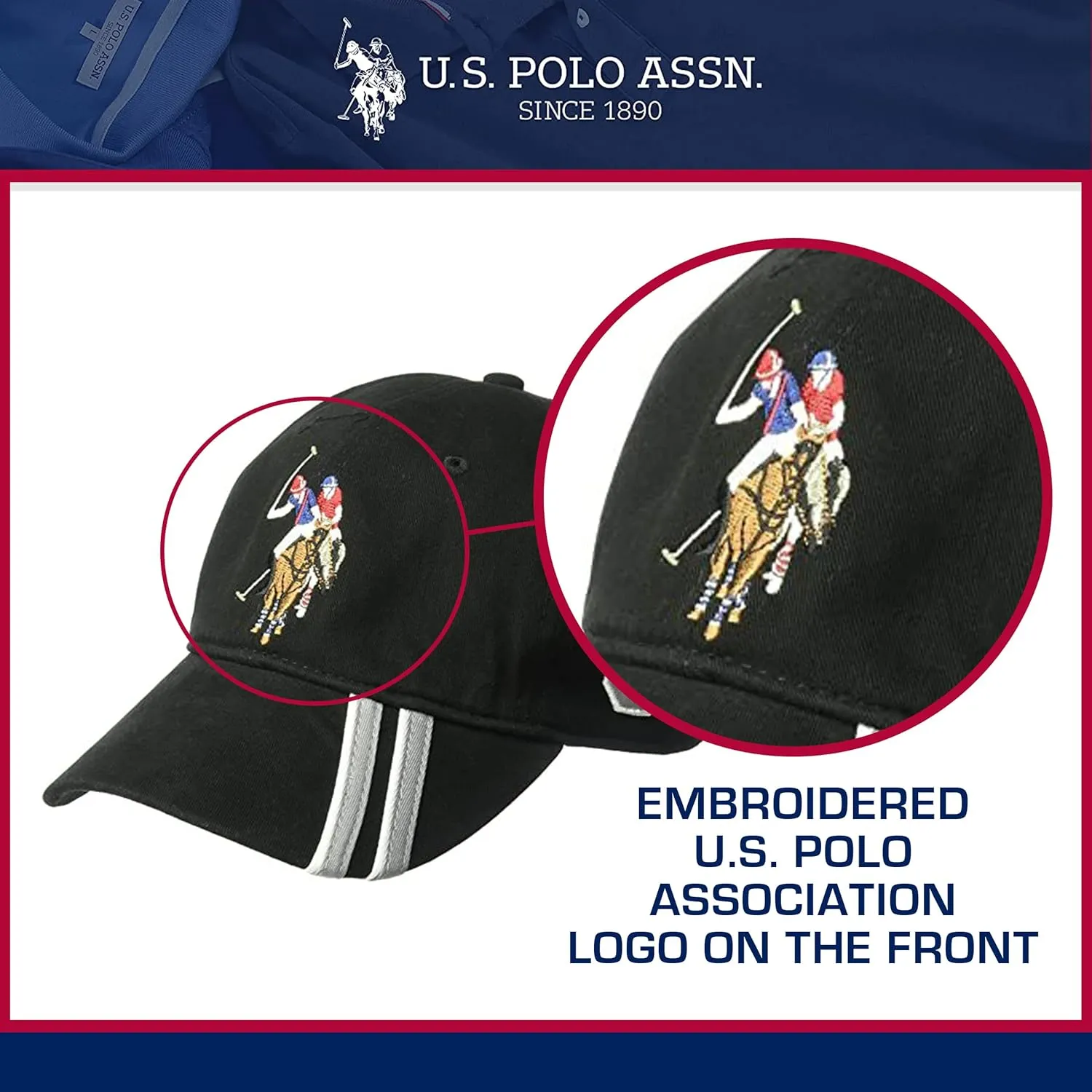 Concept One U.s Polo Assn. Dad Hat, Embroidered Horse Logo Adjustable Adult Baseball Cap with Diagonal Accent Stripes