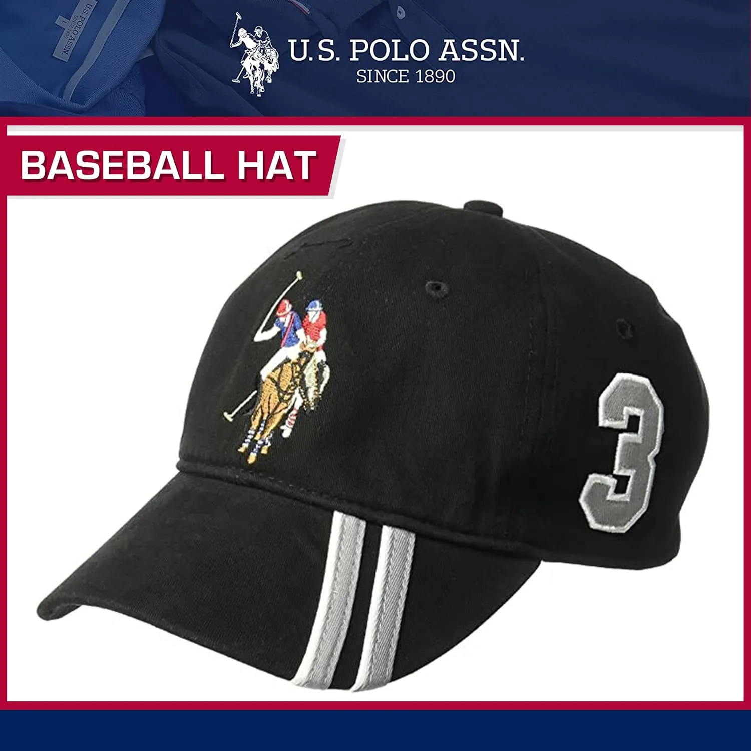 Concept One U.s Polo Assn. Dad Hat, Embroidered Horse Logo Adjustable Adult Baseball Cap with Diagonal Accent Stripes