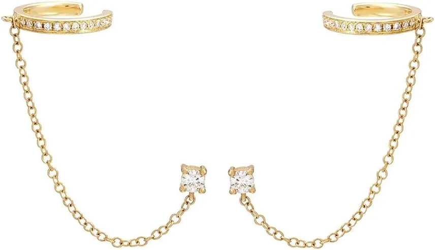 Cuff Small Hoop Halo CZ Stud Chain Climber Crawler Earrings for Women Cartilage Double Holes S925 Sterling Silver Hypoallergenic Fashion Personalized Threader Tiny Huggie Hoops Gifts Bff Birthday