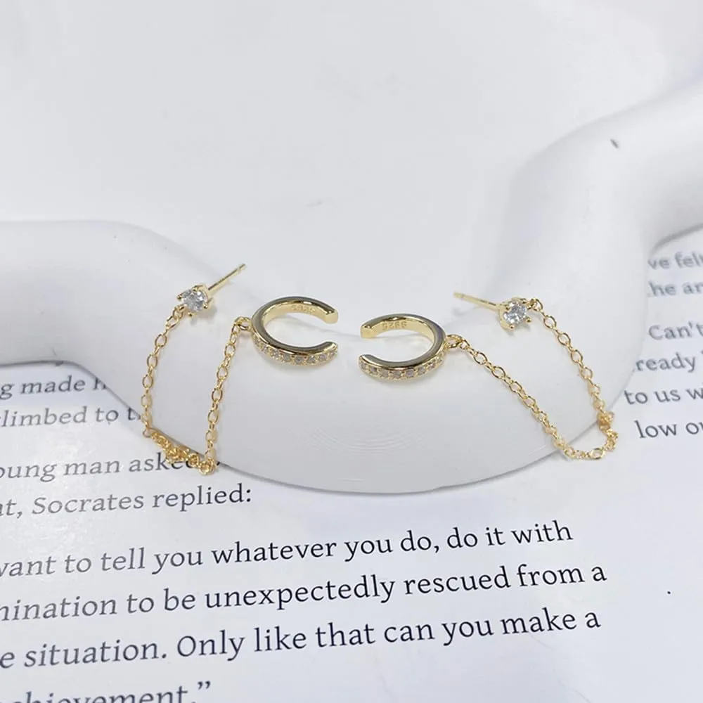 Cuff Small Hoop Halo CZ Stud Chain Climber Crawler Earrings for Women Cartilage Double Holes S925 Sterling Silver Hypoallergenic Fashion Personalized Threader Tiny Huggie Hoops Gifts Bff Birthday