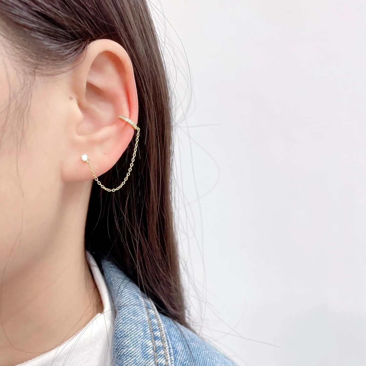 Cuff Small Hoop Halo CZ Stud Chain Climber Crawler Earrings for Women Cartilage Double Holes S925 Sterling Silver Hypoallergenic Fashion Personalized Threader Tiny Huggie Hoops Gifts Bff Birthday