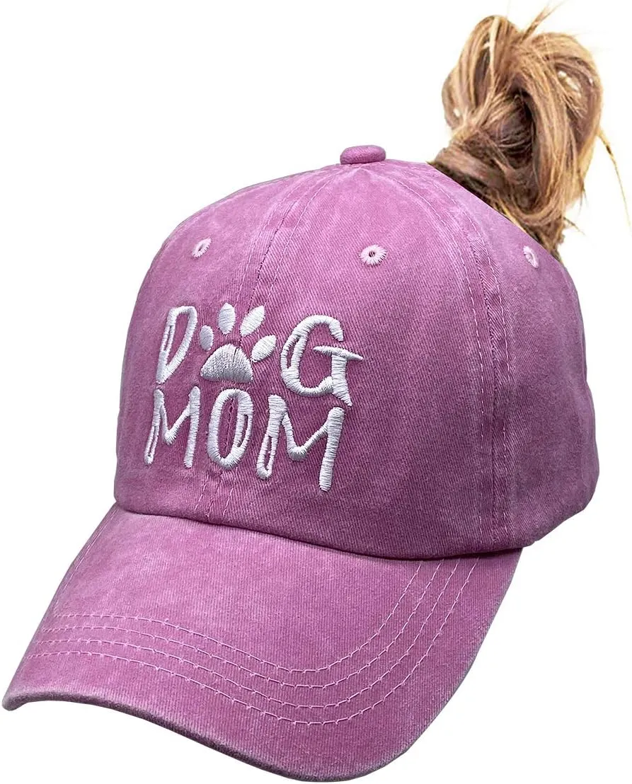 Dog Mom Ponytail Baseball Cap Messy Bun Vintage Washed Distressed Twill Plain Hat for Women