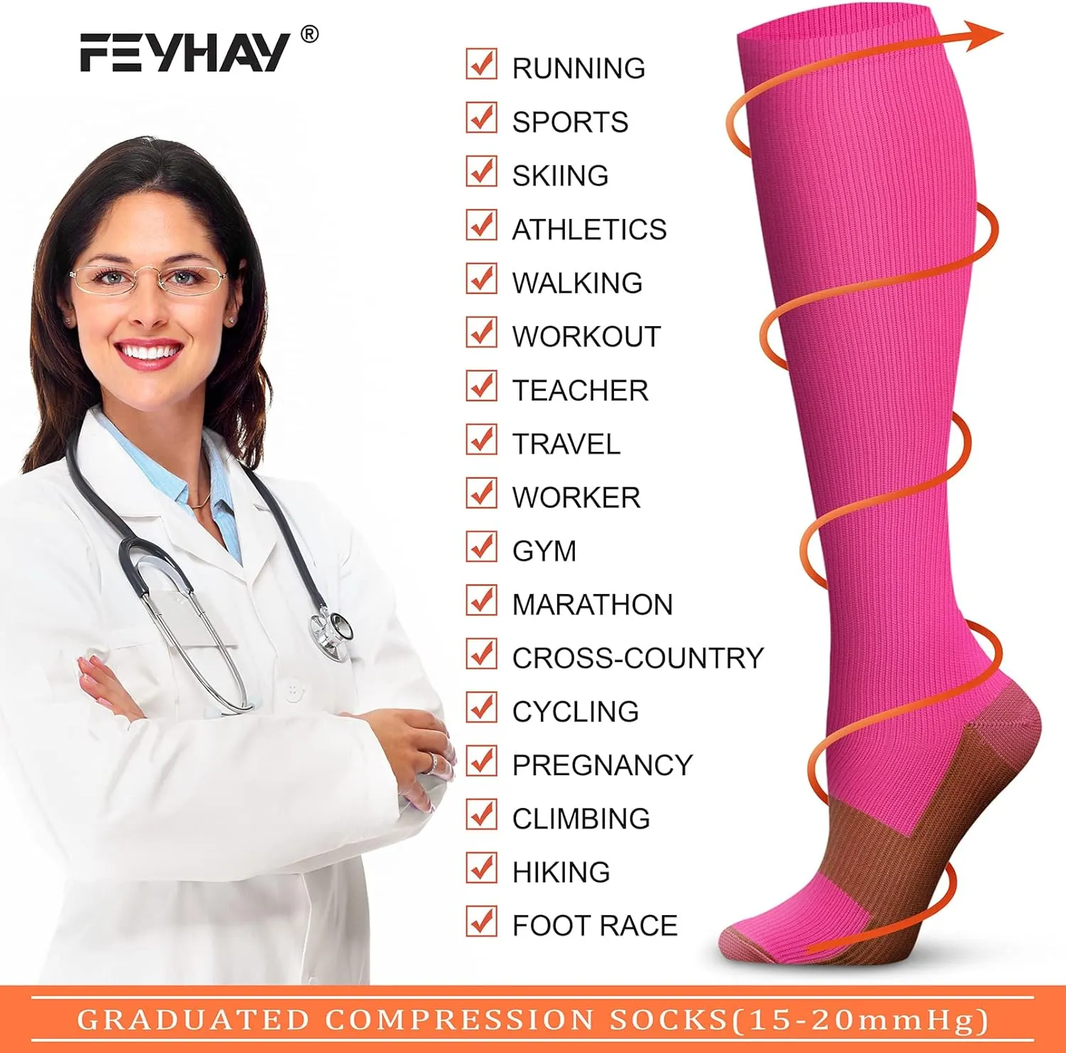 FEYHAY Copper Compression Socks (8 Pairs) 15-20 mmHg Circulation is Best Athletic & Daily for Men & Women, Running, Climbing
