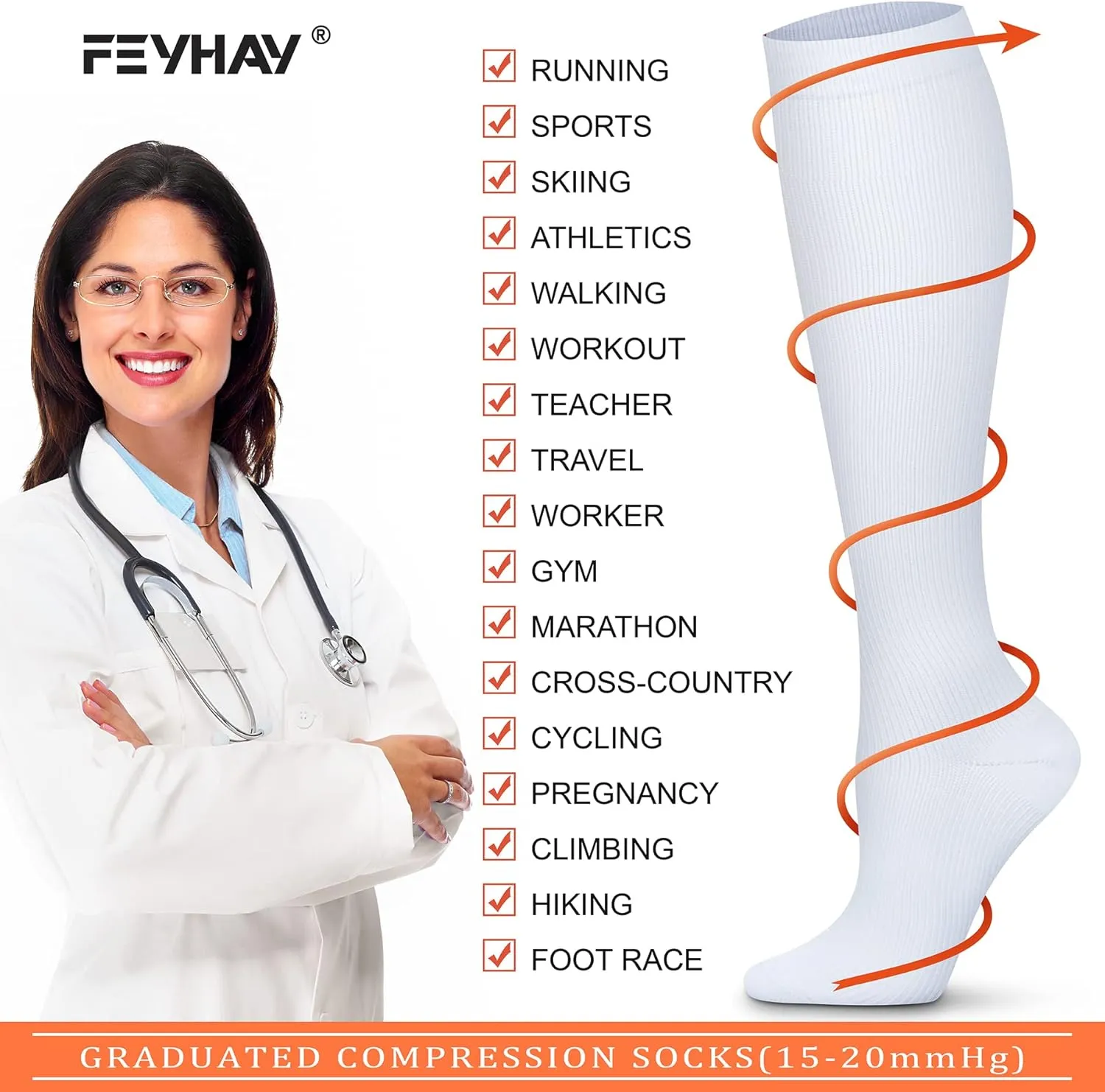 FEYHAY Copper Compression Socks (8 Pairs) 15-20 mmHg Circulation is Best Athletic & Daily for Men & Women, Running, Climbing