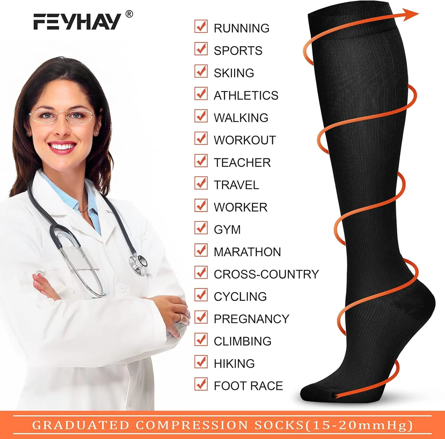 FEYHAY Copper Compression Socks (8 Pairs) 15-20 mmHg Circulation is Best Athletic & Daily for Men & Women, Running, Climbing