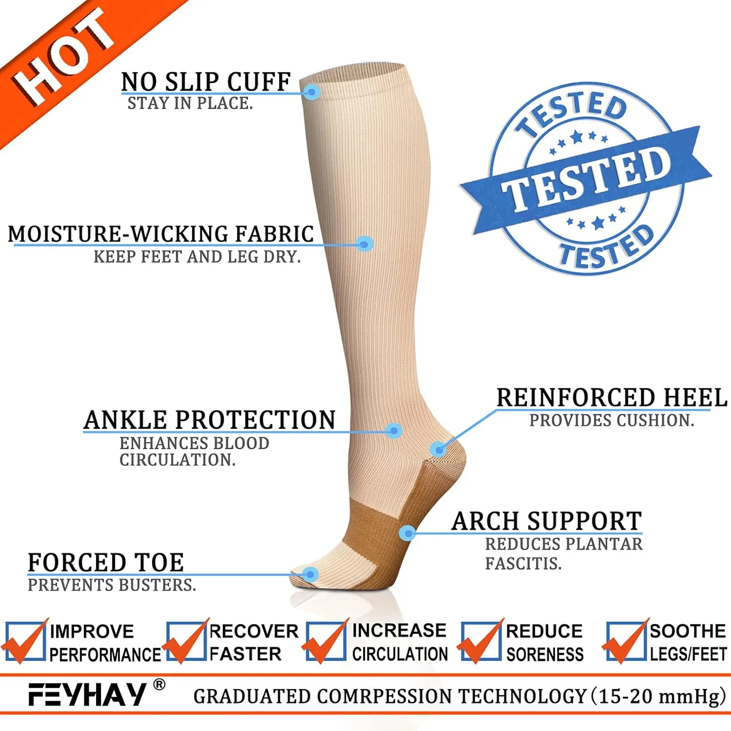 FEYHAY Copper Compression Socks (8 Pairs) 15-20 mmHg Circulation is Best Athletic & Daily for Men & Women, Running, Climbing
