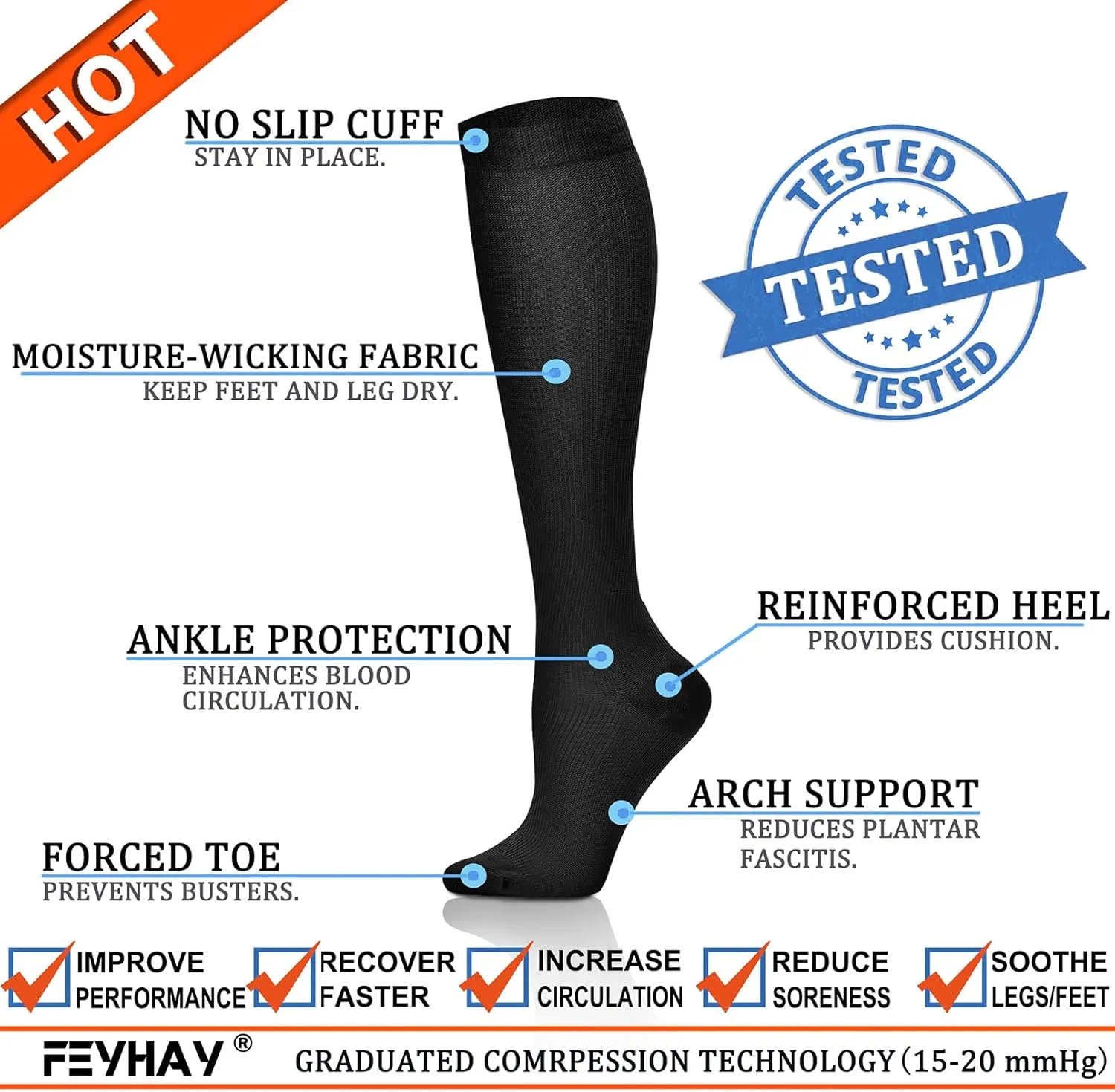 FEYHAY Copper Compression Socks (8 Pairs) 15-20 mmHg Circulation is Best Athletic & Daily for Men & Women, Running, Climbing