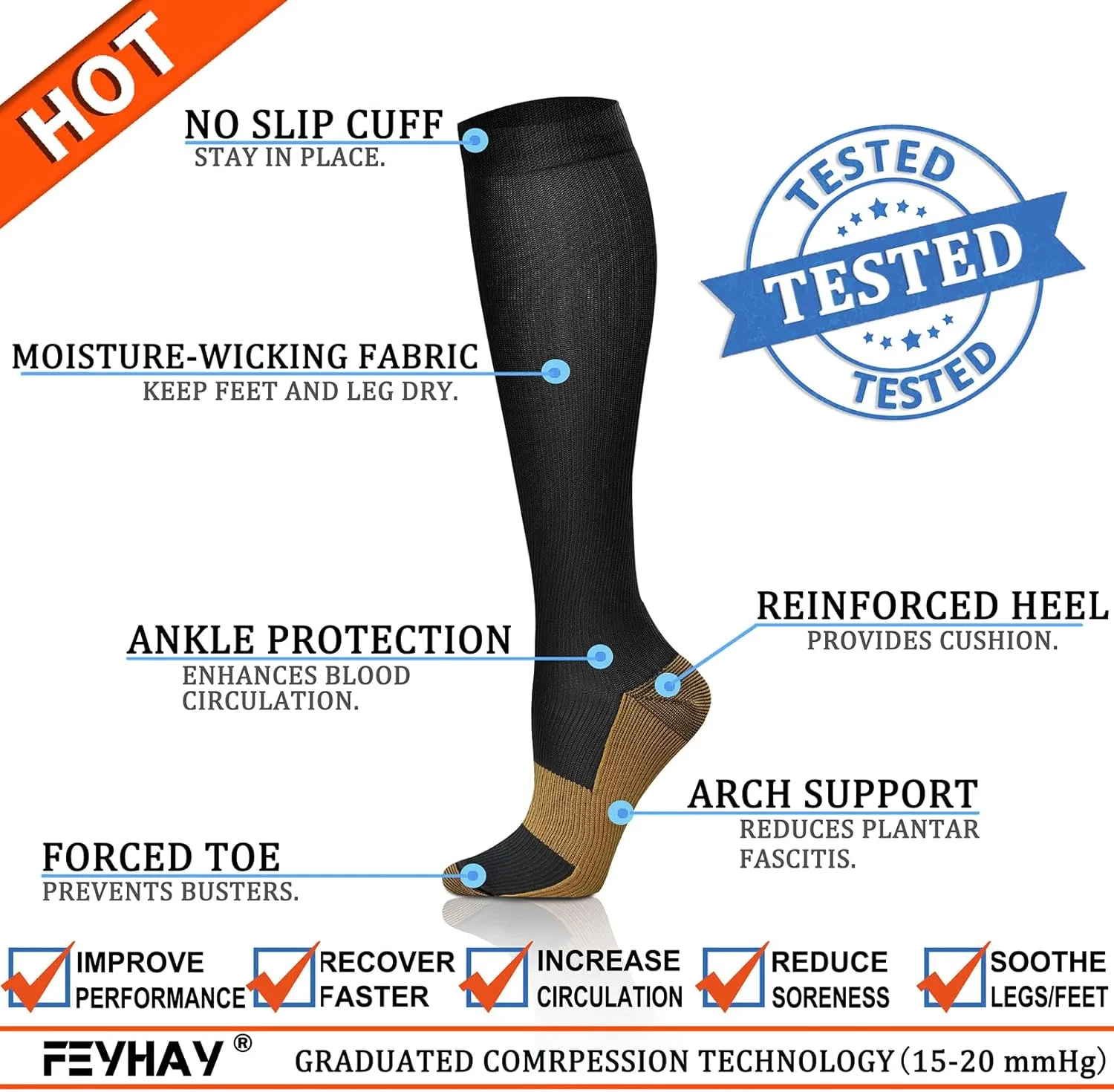 FEYHAY Copper Compression Socks (8 Pairs) 15-20 mmHg Circulation is Best Athletic & Daily for Men & Women, Running, Climbing