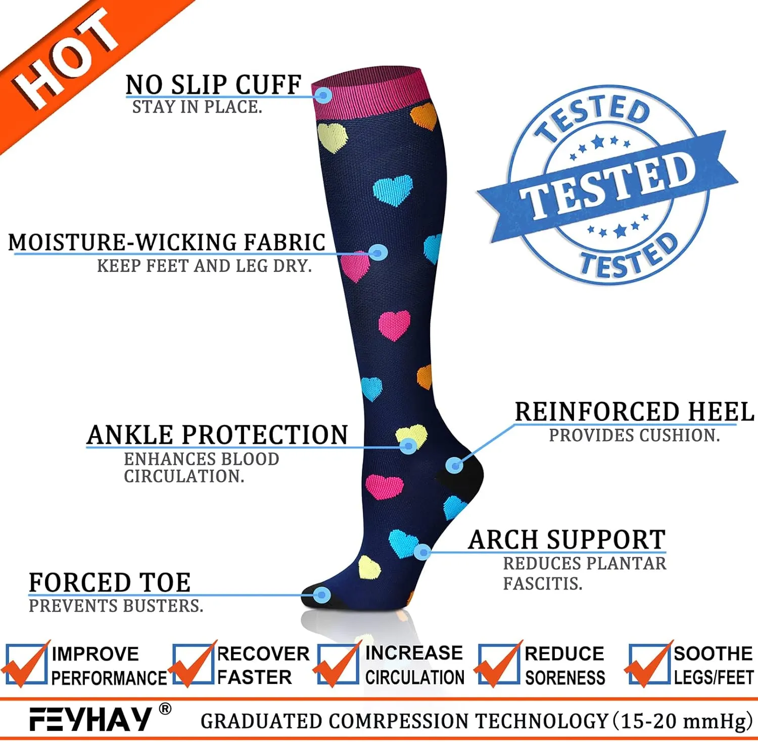 FEYHAY Copper Compression Socks (8 Pairs) 15-20 mmHg Circulation is Best Athletic & Daily for Men & Women, Running, Climbing