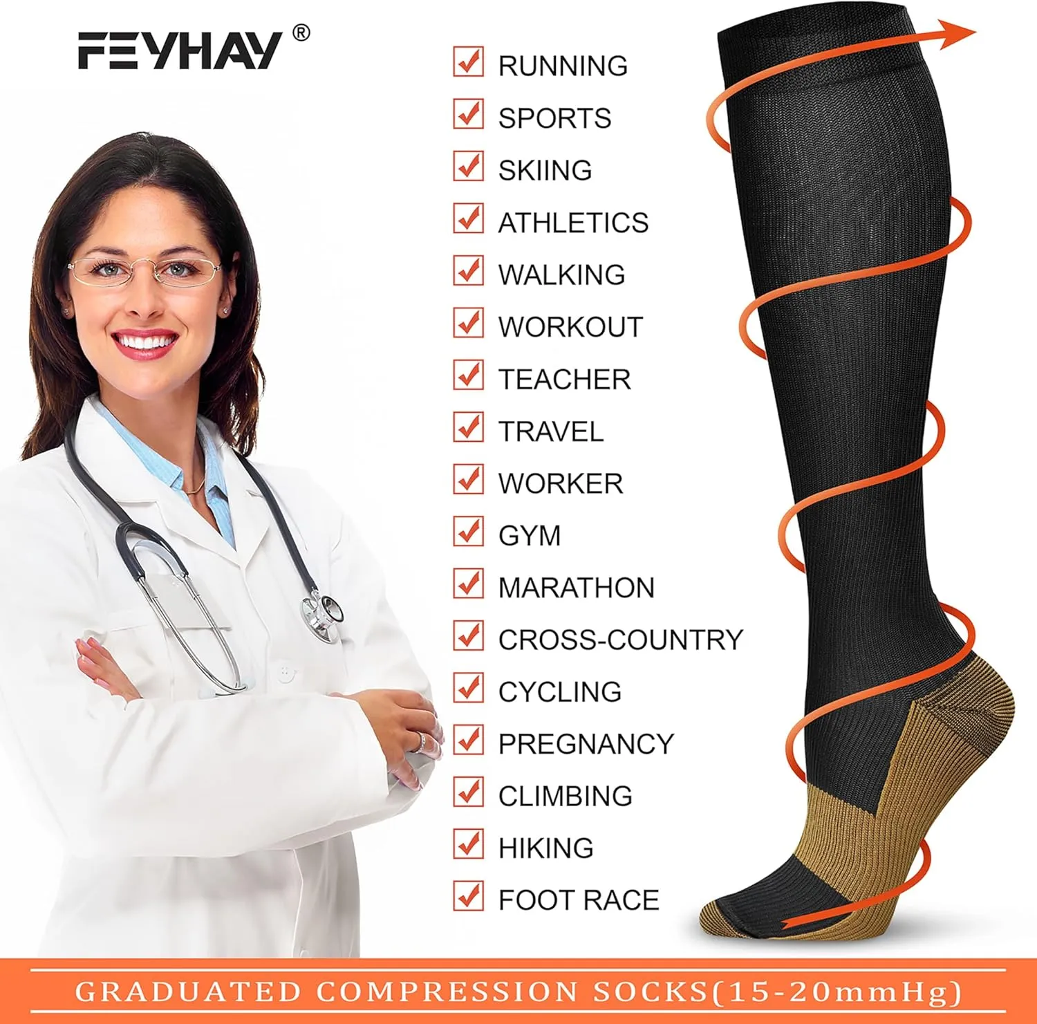 FEYHAY Copper Compression Socks (8 Pairs) 15-20 mmHg Circulation is Best Athletic & Daily for Men & Women, Running, Climbing