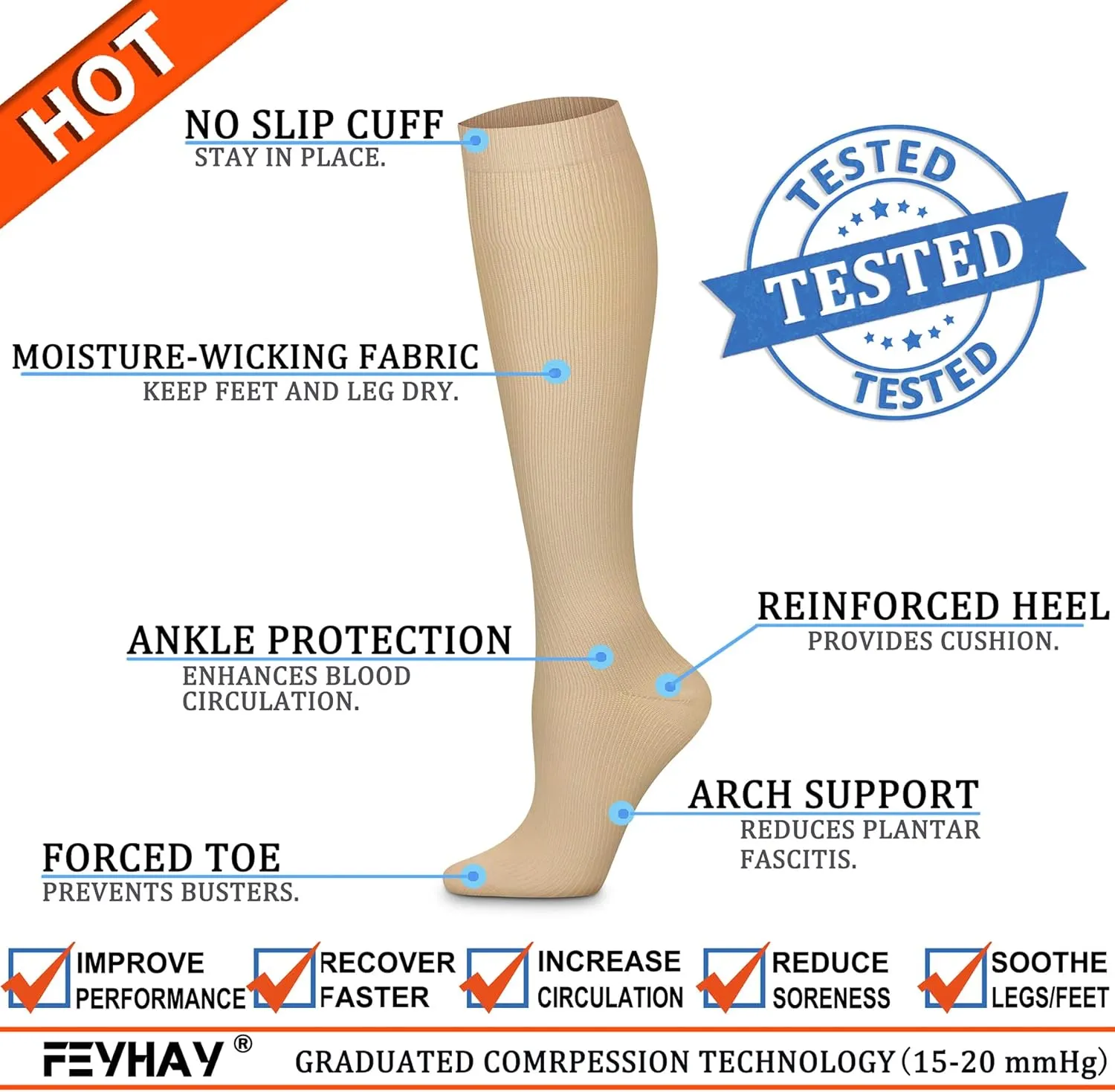 FEYHAY Copper Compression Socks (8 Pairs) 15-20 mmHg Circulation is Best Athletic & Daily for Men & Women, Running, Climbing