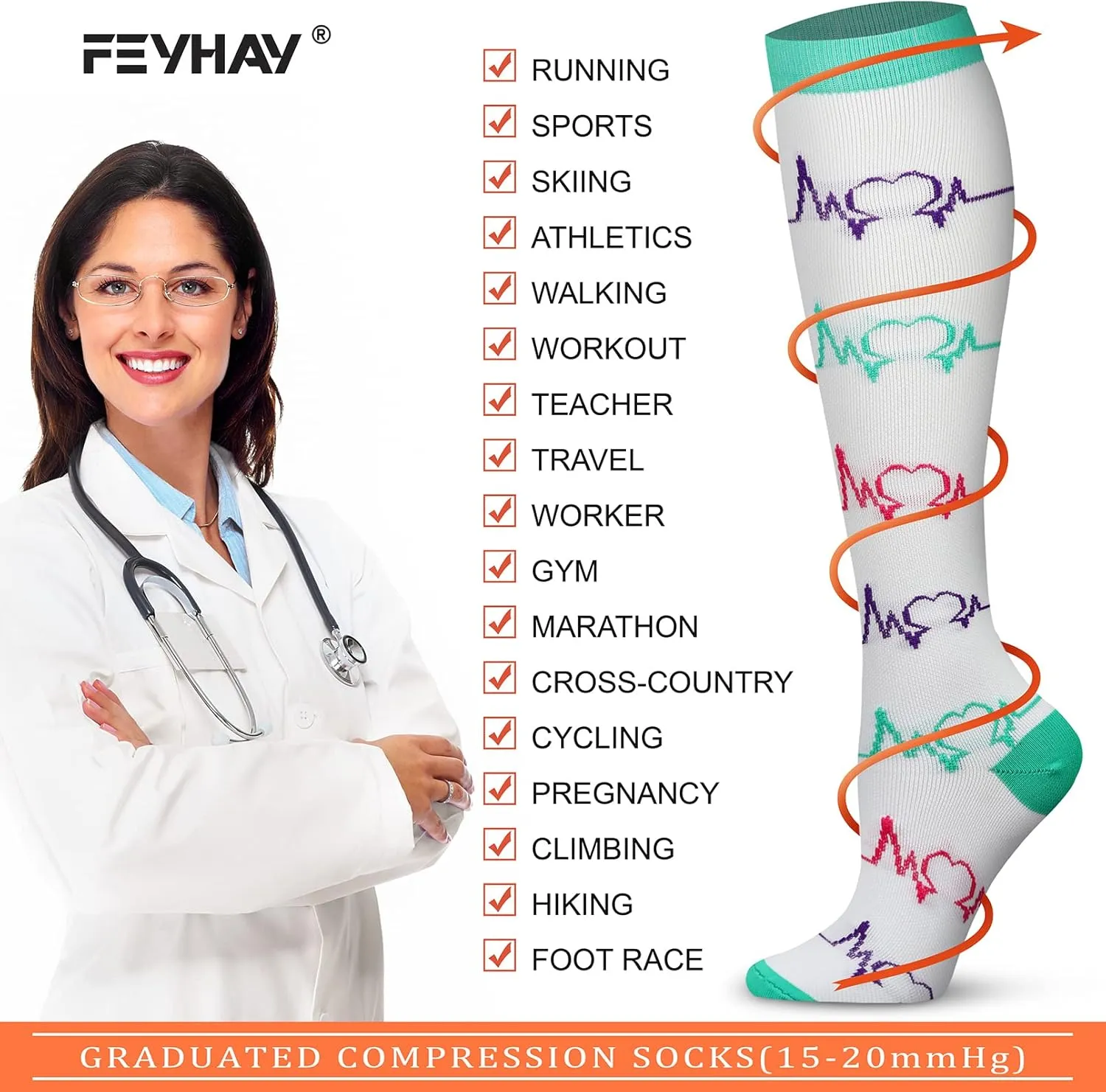 FEYHAY Copper Compression Socks (8 Pairs) 15-20 mmHg Circulation is Best Athletic & Daily for Men & Women, Running, Climbing